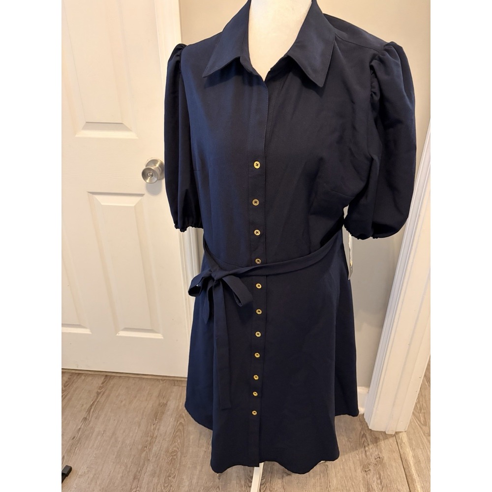Sharagano Navy Blue Button Front Shirt Dress Belted Pockets Puff Sleeve 14 NWT